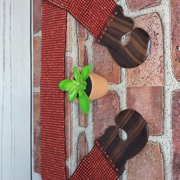Vtg Glass Bead Wood‎ Stretchy Elastic Belt Burnt Orange Belt Women OS Bohemian Vtg Glass Bead Wood Stretchy Elastic Belt Burnt Orange‎ Belt  main image 2